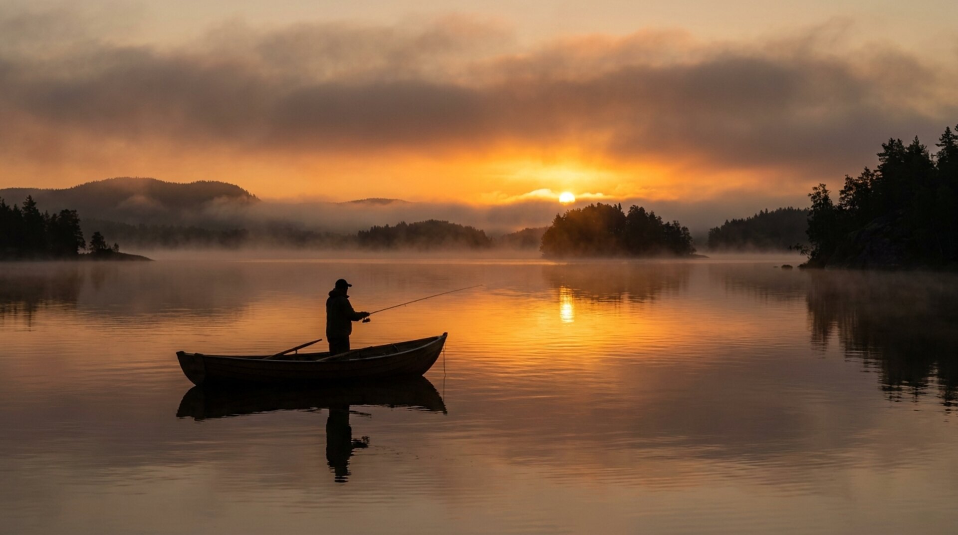 An angler at first light after a night on the water