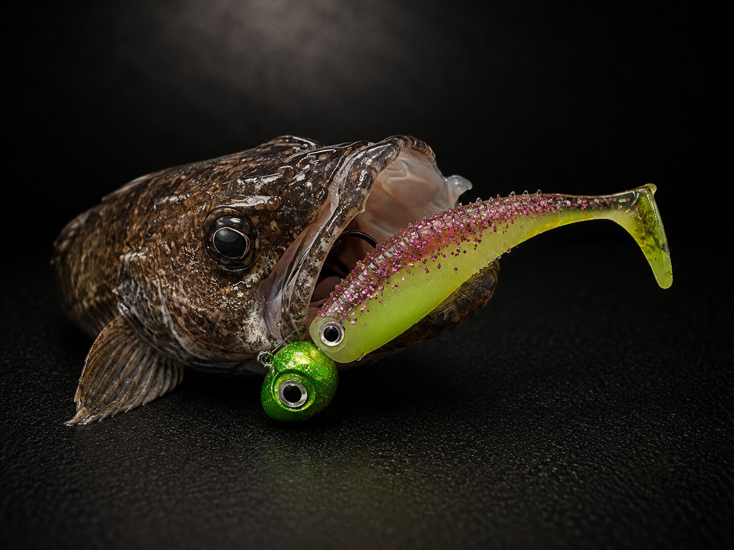 A walleye taking a Tactical paddle-tail swimbait on a jig head